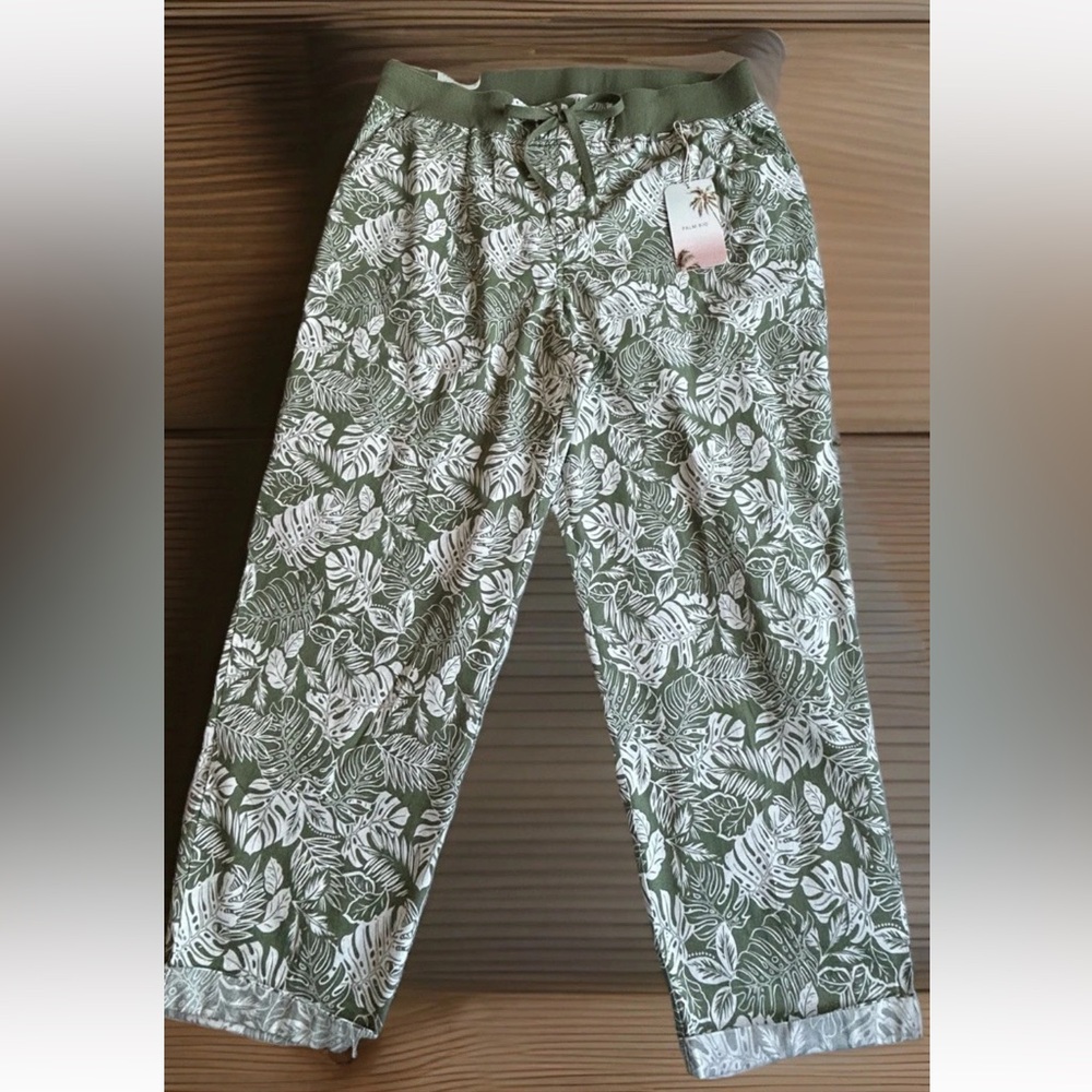 Palm Rio Women’s Pants Green & Ivory Palm Leaves XL or 1X